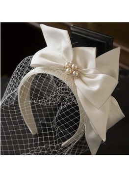 Свадебная фата с белым жемчугом для новобрачных, шикарная лента для волос с бантом