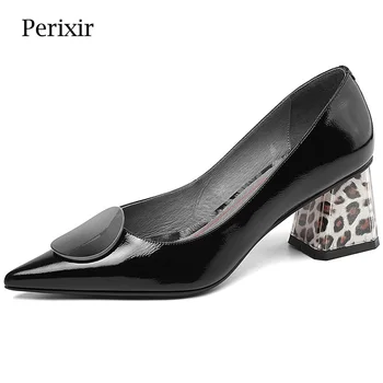 Perixir/ женская офисная обувь на толстом каблуке с леопардовым принтом из натуральной кожи, высококачественная женская обувь на высоком каблуке, женские летние туфли на каблуке