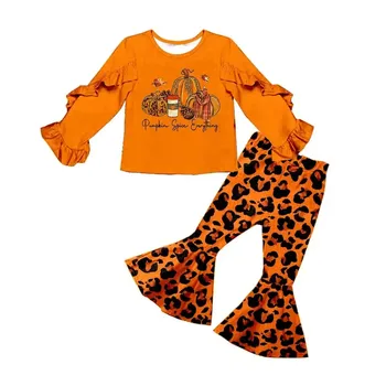 Последняя популярная одежда для мальчиков и девочек на День Благодарения, топ с принтом тыквы, расклешенные брюки с леопардовым рисунком, золотой комплект из 2 предметов