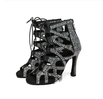 LEMOCHIC/ Женские танцевальные туфли с высоким берцем, черные бальные ботинки со стразами, обувь для джазового танго для девочек, мягкая подошва, сетчатый высокий каблук 5-8,5 см