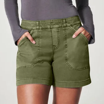 Летние однотонные универсальные шорты-карго, женские винтажные прямые короткие брюки для отдыха, Женские повседневные карманы, простые мягкие женские шорты
