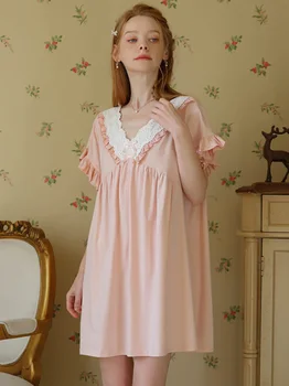 Женская летняя хлопковая пижама, ночная рубашка, французский короткий рукав, V-образный вырез, милые оборки, принцесса, Винтажная Свободная домашняя одежда для сна в викторианском стиле