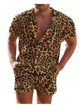 Летний мужской повседневный стиль с коротким рукавом из полиэстера, материал 2023, новая мода, леопардовый узор, Свободный однобортный комплект рубашек поло