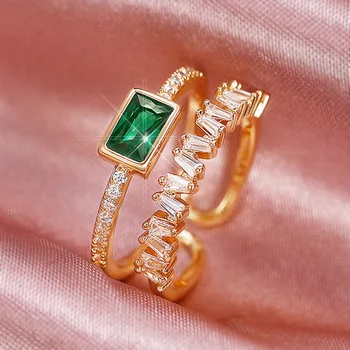 Двухслойные кольца с цирконием неправильной формы Для женщин, открытое кольцо с зеленым кристаллом из нержавеющей стали, ювелирные изделия в стиле бохо, подарок на День Святого Валентина