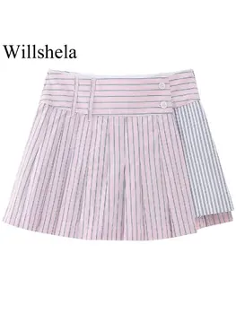 Willshela Женские модные мини-юбки с застежкой-молнией в полоску сбоку, винтажные женские шикарные шорты с высокой талией