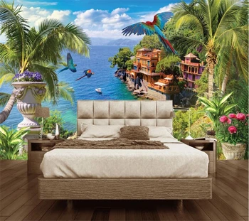 бейбехан Пользовательские обои 3d лазурное побережье кокосовая пальма цветок птица средиземноморская фреска фон стены гостиная спальня обои