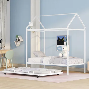 [Flash Deal] Детская кровать с цапфой Металлическая кровать Домик Дизайн Прочный и долговечный с цапфой Максимальное пространство Белый [На складе в США]
