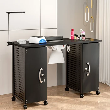 Черный маникюрный стол, рабочее место для нейл-арта со съемными ящиками, Запирающиеся колесики, вентилятор, пылесборник, Лампа, подставка для запястий