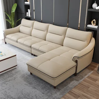 Скандинавский кожаный диван для гостиной, минималистичный современный верхний слой из воловьей кожи, угловой кожаный диван из массива дерева