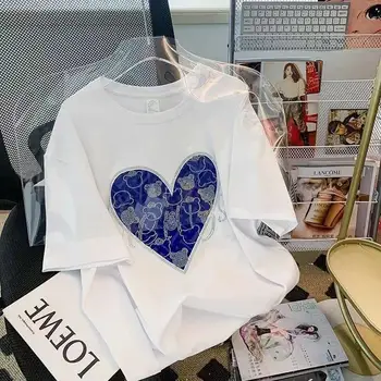 Летняя мода Heavy Industry Hot Diamond Little Bear Love, Женская футболка с коротким рукавом, Корейские Свободные футболки в западном стиле, топ