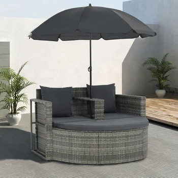 2-местный диван для патио с подушками и зонтиком из полиротанга серого цвета, легко монтируется Для использования в садах на заднем дворе