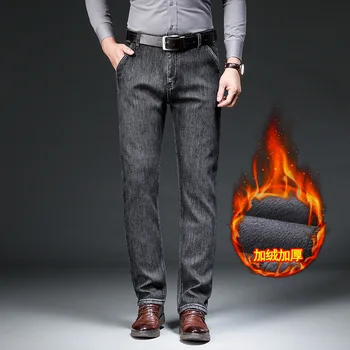 Мужские зимние прямые утепленные джинсы из флиса классического бренда, простые теплые деловые повседневные брюки из хлопчатобумажного стрейчевого денима из чистого денима