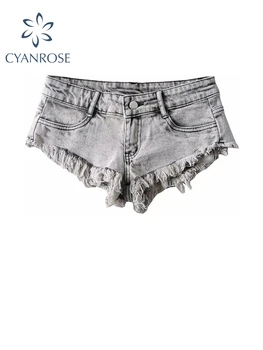 Женские джинсовые шорты с высокой талией, летние выстиранные серые джинсы с кисточками, короткие женские мини-брюки Y2K в винтажном стиле Харадзюку, панк, трапециевидные мини-брюки