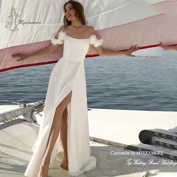 Простые пляжные свадебные платья трапециевидной формы с перьями, свадебные платья длиной до пола с разрезом сбоку, Атласное плиссированное платье Vestido De Novia на заказ