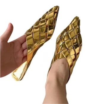 Женские весенне-летние модные тканые сандалии-горки на плоской подошве, пикантные туфли-слипоны из натуральной кожи с острым носком на низком каблуке