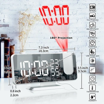 FM-радио светодиодный цифровой будильник с термометром влажности, двойной будильник, часы с отключением звука, электронные настольные цифровые часы с проекцией на 180 °.