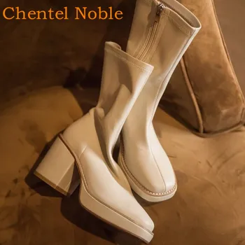 2020 Бренд Chentel, Женские ботинки на платформе с квадратной боковой молнией, Крутые Рыцарские ботинки на высоком каблуке, Zapatos De Mujer, Женская обувь Черного цвета