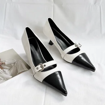 Женские туфли на среднем каблуке, Лоферы Dress Woman 39, Официальная обувь, Элегантная Винтажная Сексуальная пряжка для ремня, Городская мода, Повседневная Корейская одежда