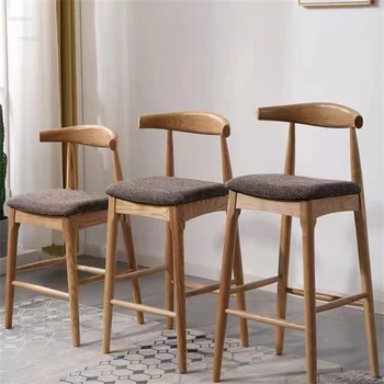 Барные стулья из массива скандинавского дерева Бытовой барный стул Современная минималистичная барная мебель Высокие табуреты для кухни Барный стул со спинкой