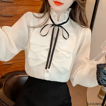 Топы с воротником-бабочкой Женские в корейском стиле, Японский дизайн, Элегантные офисные женские рубашки с милой лентой, базовые блузки