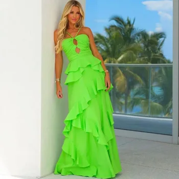 Короткое Ярко-зеленое атласное платье с оборками, Многослойная прямая женская одежда, Элегантные платья для женщин, длинные вечерние платья для женщин
