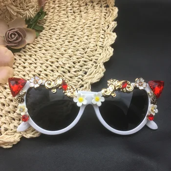 Новый бренд, барокко, Кошачий глаз, Цветок, Белые солнцезащитные очки, Роскошные Женские драгоценные камни, Солнцезащитные Пляжные Хрустальные Дизайнерские солнцезащитные очки в подарок