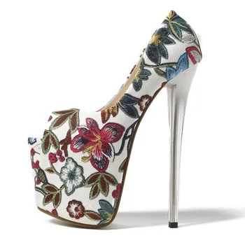 Новые тонкие туфли с открытым носком высотой 19 см, женские туфли-лодочки на платформе и высоком каблуке с цветочным принтом, пикантные женские туфли большого размера