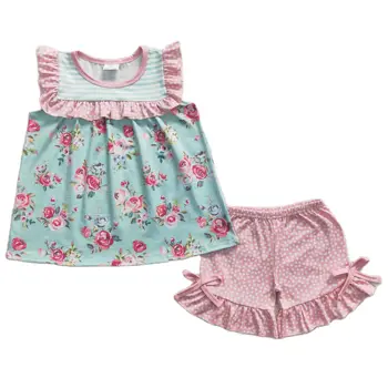 Летние топы без рукавов с цветочным рисунком для маленьких девочек, шорты с оборками, костюмы для детей, бутик одежды для малышей, комплекты повседневной одежды