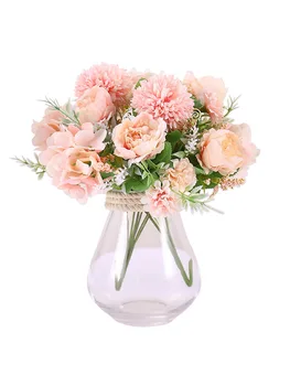 Дешевое украшение из искусственного цветка длиной 32 см, роза, пион, шелковый маленький букет, кружевное весеннее свадебное украшение, свадебный искусственный цветок