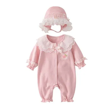 Комбинезон для новорожденных, Детские комбинезоны, детская одежда с рукавами-фонариками для девочек, верхняя одежда розового цвета со шляпой от 0 до 2 лет