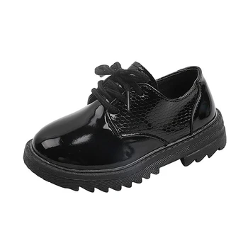 Обувь из искусственной кожи для мальчиков и девочек, весенние прогулочные кроссовки, модная обувь британского джентльмена на шнуровке, детские черные балетки на плоской подошве для вечеринки