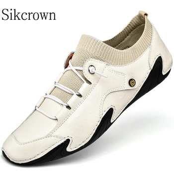 Белые летние мужские повседневные кроссовки, дышащие легкие, Большой размер 46, Кожаные туфли для вождения ручной работы, Модные дизайнерские мокасины