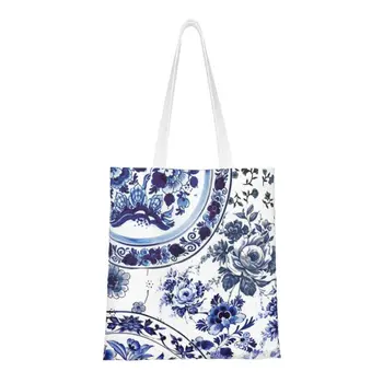 Кавайные винтажные Дельфтские синие цветы фарфоровые сумки с принтом для покупок Восточное цветочное искусство Холст Сумка для покупок