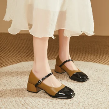Женская обувь 2023, модные женские туфли на высоком каблуке, весенние офисные туфли-лодочки, женская обувь черного и белого цветов с ремешком и пряжкой в тон, женская обувь