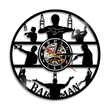 Настенные часы Barman Silhouette Art в стиле ретро с виниловой пластинкой, Бармен, Заваривающий алкоголь, Эль, шоу напитков, Художественный декор стен для бара