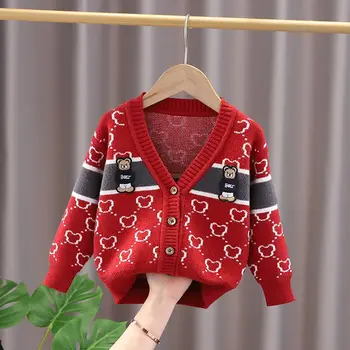 Новое детское пальто на весну и осень, свитер-кардиган для мальчиков, пальто-кардиган для девочек, вязаное пальто с мишкой