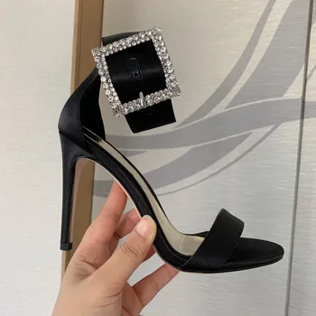 Шелковые туфли на очень высоком каблуке Для женщин, женские босоножки с запахом на щиколотке, Летняя вечеринка на открытом воздухе, Квадратная Хрустальная пряжка Sapato Feminino 2022