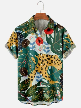 Летние мужские рубашки с леопардовым принтом, мужские гавайские повседневные рубашки на пуговицах, пляжные блузки с коротким рукавом, топы