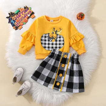 Комплект одежды для маленьких девочек на Хэллоуин с цветочным принтом в виде тыквы, пуловер с длинными рукавами и оборками, клетчатая юбка, детская одежда