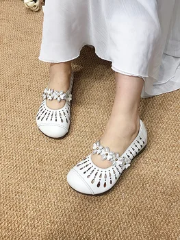 Новые женские туфли из натуральной кожи с вырезами, туфли-лодочки с милым цветком, Туфли Мэри Джейн, роскошные дизайнерские Дышащие женские туфли