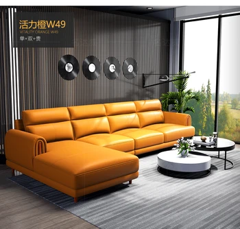 Желто оранжевый кожаный диван в скандинавском итальянском стиле с подголовником из воловьей кожи легкая роскошная гостиная современная простая мебель на заказ