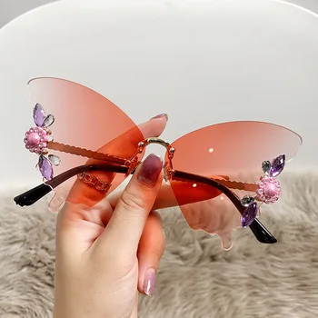 Солнцезащитные очки в форме бабочки без оправы, женские Солнцезащитные очки с жемчугом, инкрустированные бриллиантами, Модные солнцезащитные очки для вечеринок, женские линзы градиентного цвета UV400