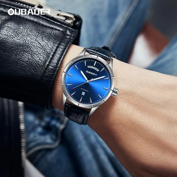 Новые модные Кожаные наручные часы с синим циферблатом и датой, Мужские Механические часы со скелетом, лучший бренд класса люкс, Деловые Мужские Автоматические часы